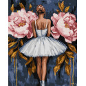 Картина за номерами Балерина з рожевими півоніями з фарбами металiк 40x50см  КНО8662